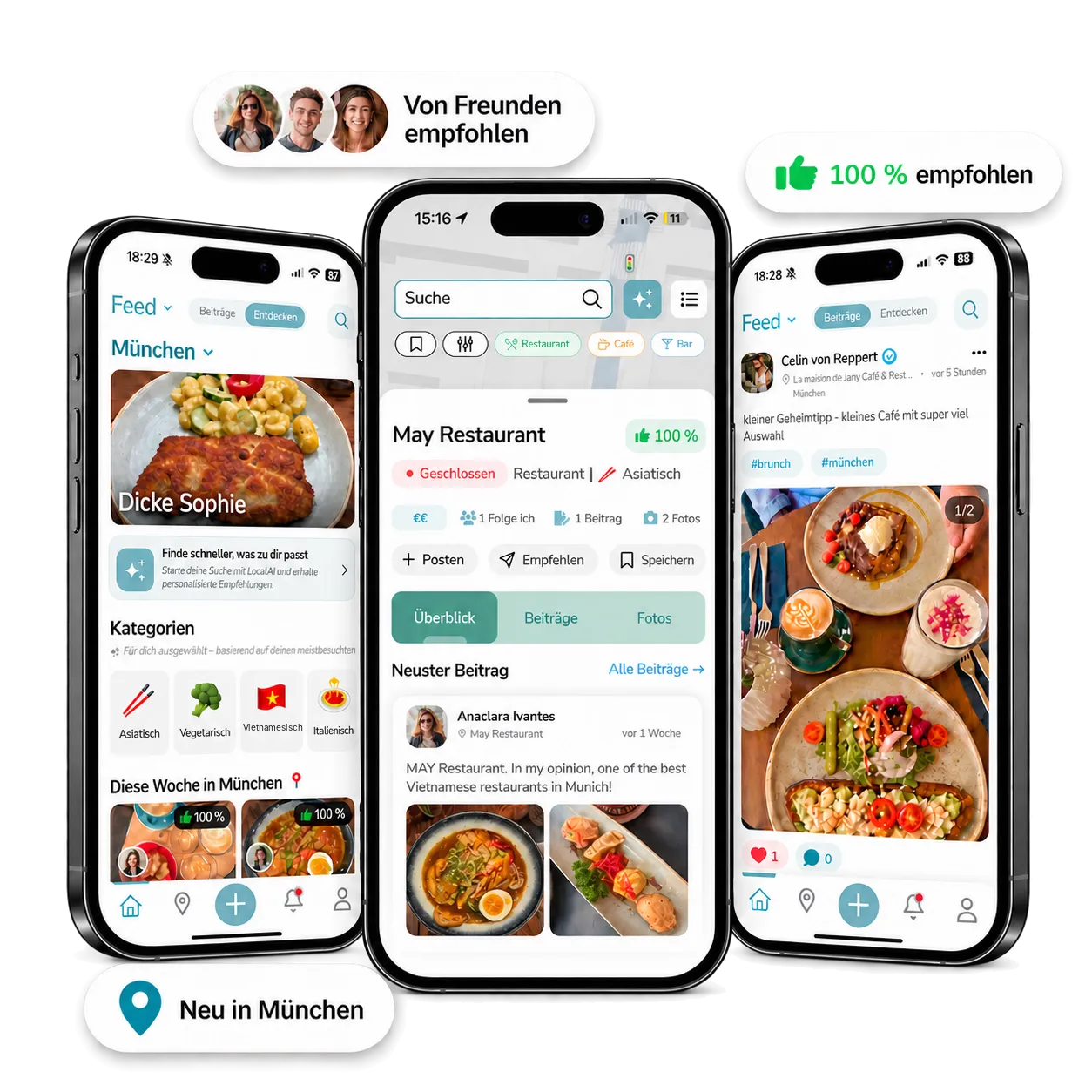 Drei iPhones mit der Localee App: Entdecken-Feed für München, Restaurantprofil mit 100 % Empfehlung und ein Beitrag aus dem Feed