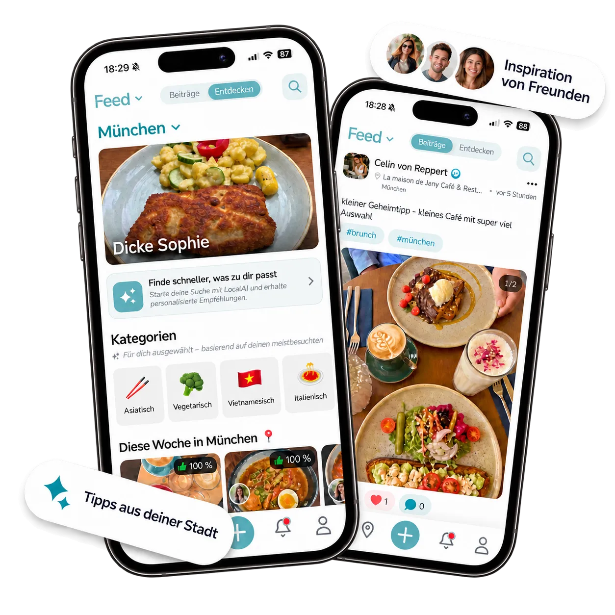 Localee App mit Entdecken-Feed für München, Kategorien und einem Beitrag aus dem Feed