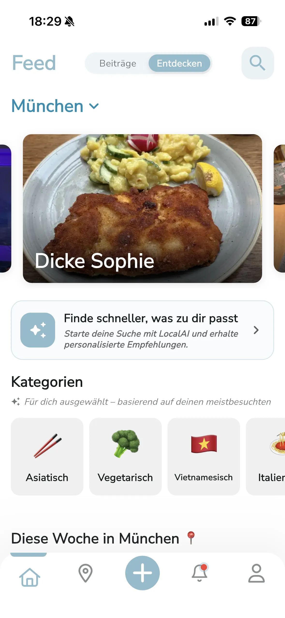 Localee Feed „Entdecken“ mit Restaurant-Tipps, LocalAI-Suche und Kategorien in München